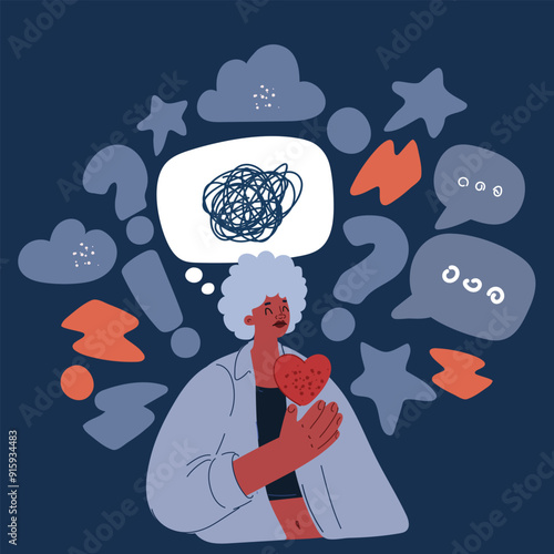 Cartoon vector illustration of woman holding heart in her hands, lack of love, feels unloved, flawed, depressed. concept - bullying, emotional abuse, unrequited love, parental divorce over dark backgr