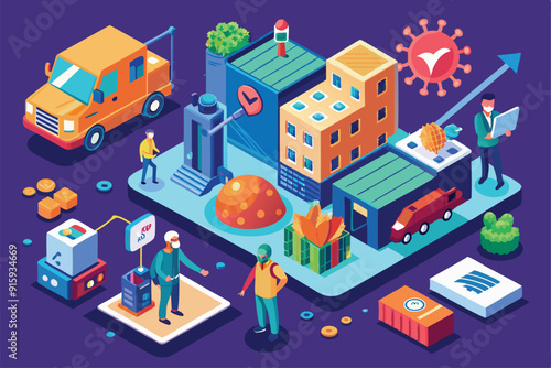 A digital illustration shows customizable delivery prevention measures and urban planning in response to coronavirus, highlighting various activities and infrastructures