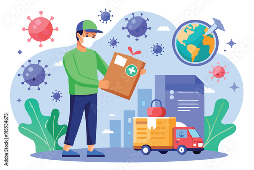 A delivery person holds a package while wearing a mask, emphasizing safety during the coronavirus pandemic in an urban setting