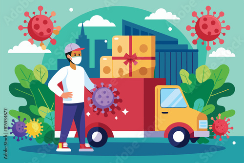 A delivery worker stands beside a colorful truck, surrounded by virus illustrations, emphasizing safety measures in an urban environment
