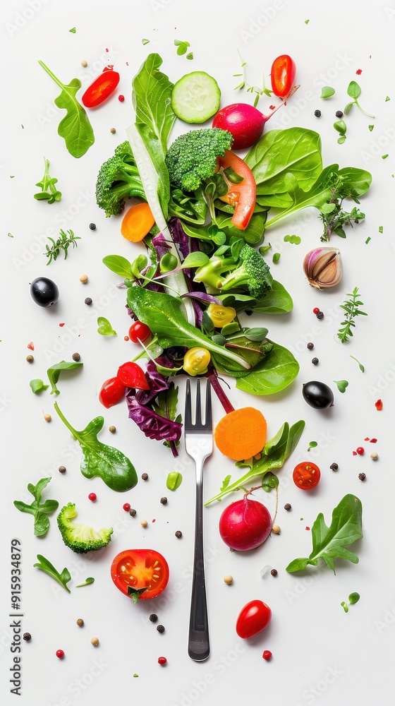 Fresh greens, colorful vegetables, and herbs are artistically arranged with a fork set against a clean white backdrop Fresh greens, colorful vegetables, and herbs are artistically arranged with a fork set against a clean white backdrop