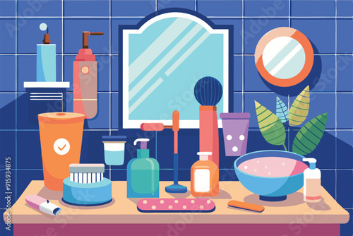 A neat bathroom counter displays various cosmetics, a mirror, and indoor plants, creating a comfortable and inviting atmosphere in the apartment