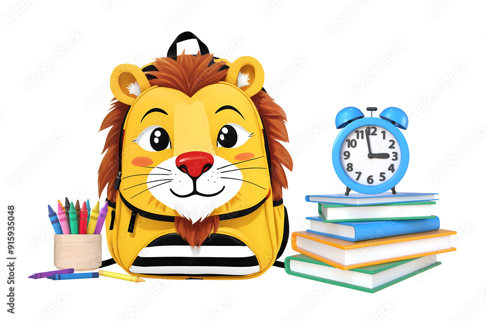 3d yellow lion backpack for school with stack of books, alarm clock and crayon colors isolated on transparent background, PNG file add 3d yellow lion backpack for school with stack of books, alarm clock and crayon colors isolated on transparent background, PNG file add