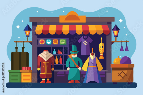 A lively costume shop showcases a variety of colorful outfits and accessories, inviting customers to explore customizable options for all events