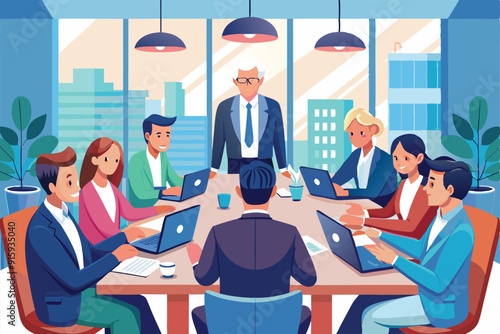 A group of professionals engages in a council meeting with the CEO, discussing key business strategies in a well-lit conference room