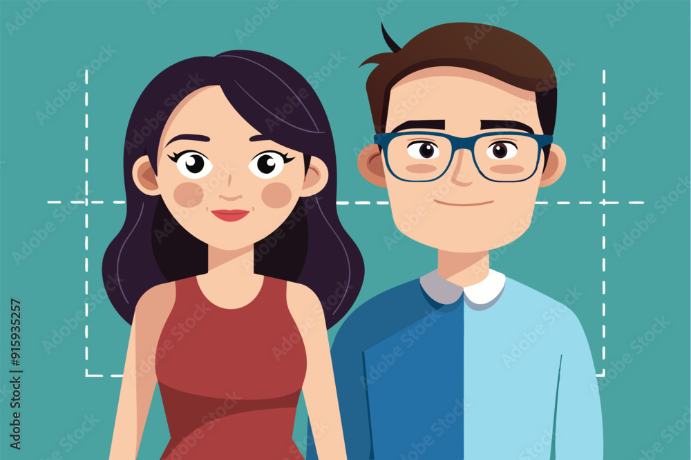 A cheerful couple stands side by side, showcasing their unique features with a playful, colorful backdrop that enhances their joyful expressions A cheerful couple stands side by side, showcasing their unique features with a playful, colorful backdrop that enhances their joyful expressions