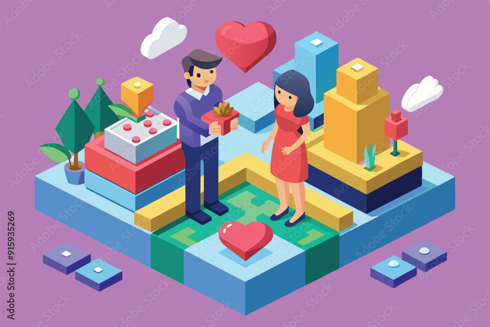 A couple stands in a colorful isometric landscape, exchanging a gift while surrounded by hearts and vibrant decorations A couple stands in a colorful isometric landscape, exchanging a gift while surrounded by hearts and vibrant decorations