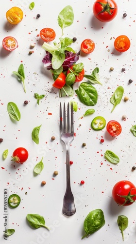 Colorful vegetables and herbs surround a silver fork on a white surface, showcasing a vibrant salad preparation