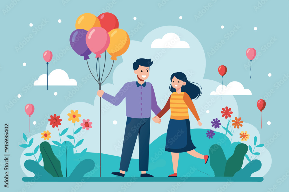 A couple happily holds hands while surrounded by colorful balloons and vibrant flowers in a serene garden atmosphere A couple happily holds hands while surrounded by colorful balloons and vibrant flowers in a serene garden atmosphere