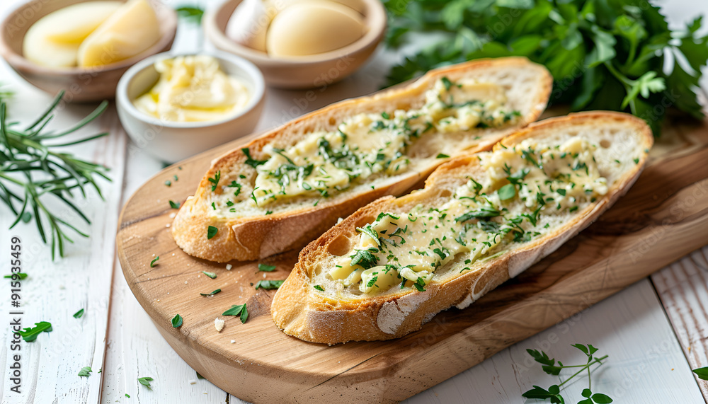 Garlic bread - baguette slices, garlic butter, herbs, wood board, white wood background Garlic bread - baguette slices, garlic butter, herbs, wood board, white wood background