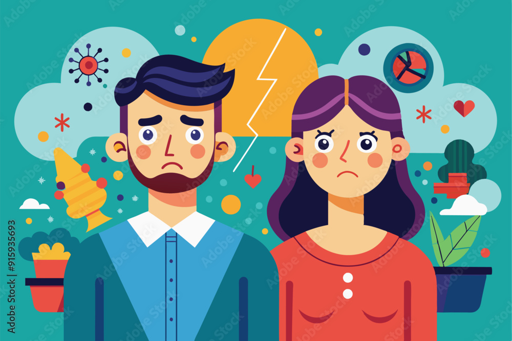 A couple stands facing forward, expressing worry amid a clutter of emotions and elements reflecting stress and uncertainty A couple stands facing forward, expressing worry amid a clutter of emotions and elements reflecting stress and uncertainty