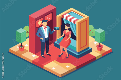 A couple shares a joyful moment in a customizable photo booth, capturing fun memories at a lively event decorated with plants and colorful elements