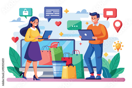 A couple shops online, using their laptops while surrounded by colorful shopping bags and digital communication icons