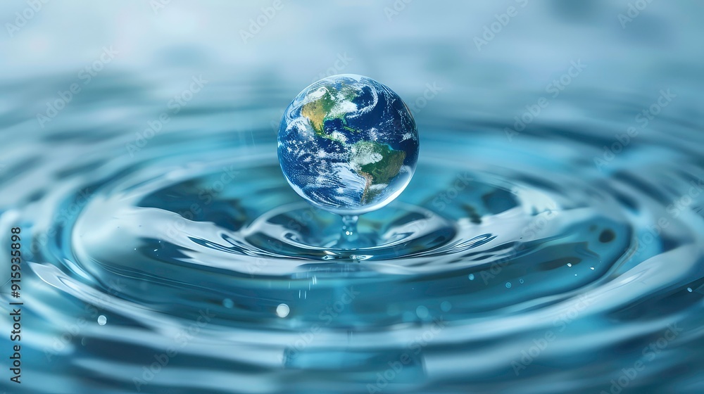 A miniature Earth globe floats on the surface of a pool of water, creating concentric ripples around it. A miniature Earth globe floats on the surface of a pool of water, creating concentric ripples around it.