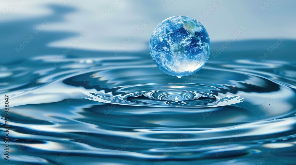 A blue planet-shaped water drop falls into a still pool of water, creating ripples. A blue planet-shaped water drop falls into a still pool of water, creating ripples.