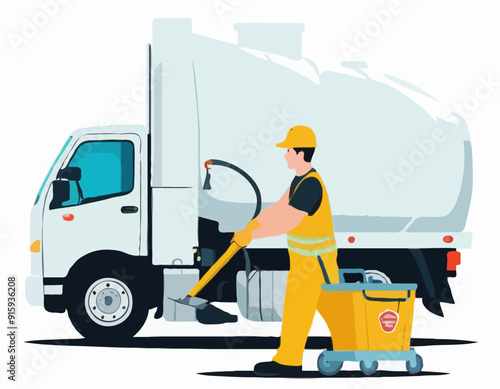 Cartoon funny looking cistern truck street cleaner with worker on white background 