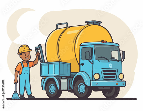 Cartoon funny looking cistern truck street cleaner with worker on white background 