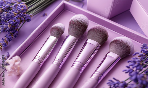 Set of Makeup Brushes with Lavender Flowers in Purple Box for Beauty and Cosmetics Photography Themes photo