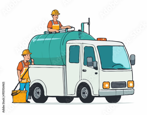 Cartoon funny looking cistern truck street cleaner with worker on white background 