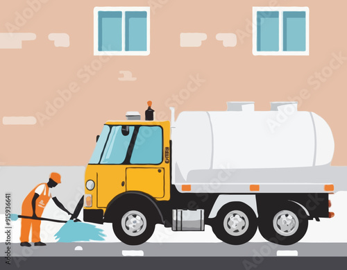 Cartoon funny looking cistern truck street cleaner with worker on white background 