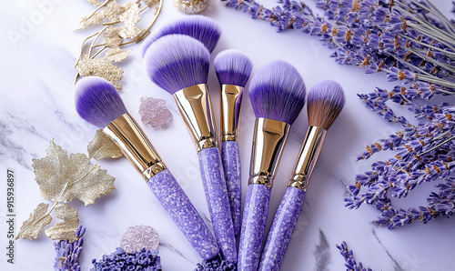 Elegant Makeup Brushes with Lavender Flowers and Golden Accents for Beauty and Cosmetic Photography in Purple and Gold Themes photo