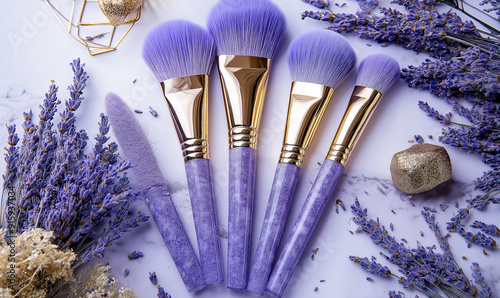 Elegant Makeup Brushes with Lavender Flowers and Golden Accents for Beauty and Cosmetic Photography in Purple and Gold Themes photo