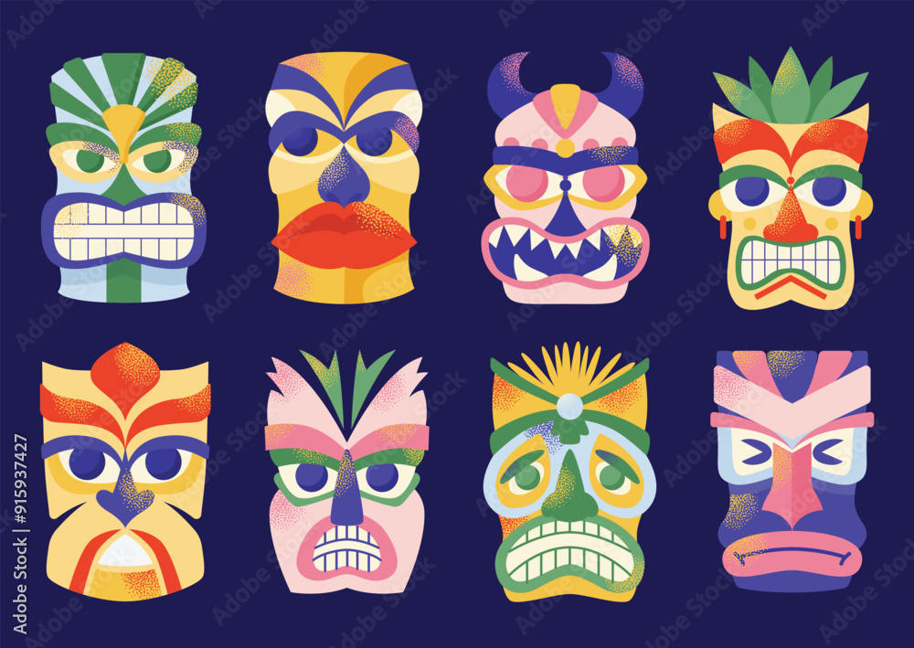 Naklejka premium Set of tiki masks. Cartoon ceremonial tiki totem masks, Wooden Totems, Ornamental Hawaiian Mask, Fantasy African Mask Sculpture. Vector illustrations Ethnic tribal ritual masks isolated on background