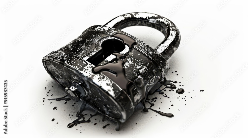 An open padlock with data leaks, internet security element, detailed art, dark tones, isolated on white background An open padlock with data leaks, internet security element, detailed art, dark tones, isolated on white background