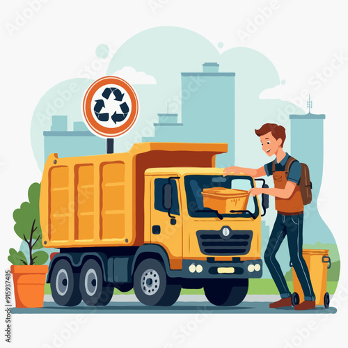 Man Cleaning Trash Container to Rubbish Truck with Recycle Sign. Lorry for Urban Waste Removal Service. Character Collect Dustbin to Industrial Transport Vehicle Flat Cartoon Vector Illustration