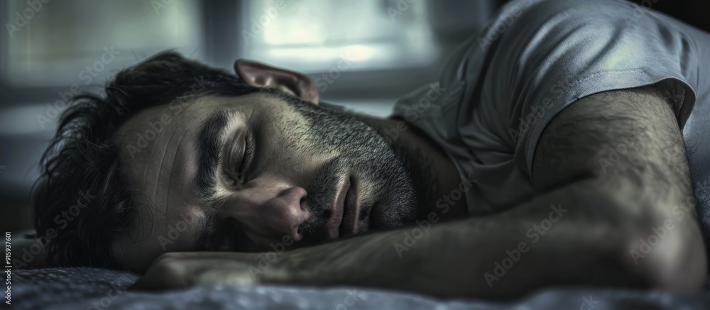 Sleepless, man suffering from insomnia, sleep apnea or stress. Sleepless, man suffering from insomnia, sleep apnea or stress.