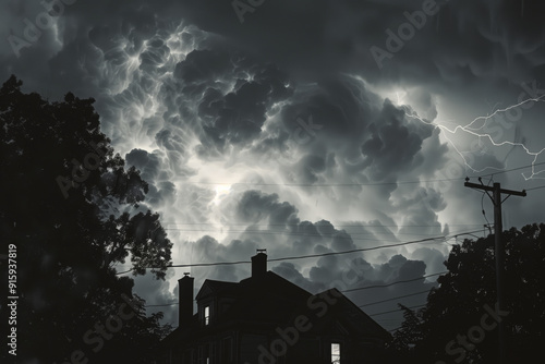 Dramatic Storm Clouds and Lightning Illuminating a House at Dusk in an Urban Landscape