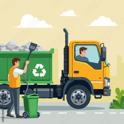 Man Cleaning Trash Container to Rubbish Truck with Recycle Sign. Lorry for Urban Waste Removal Service. Character Collect Dustbin to Industrial Transport Vehicle Flat Cartoon Vector Illustration