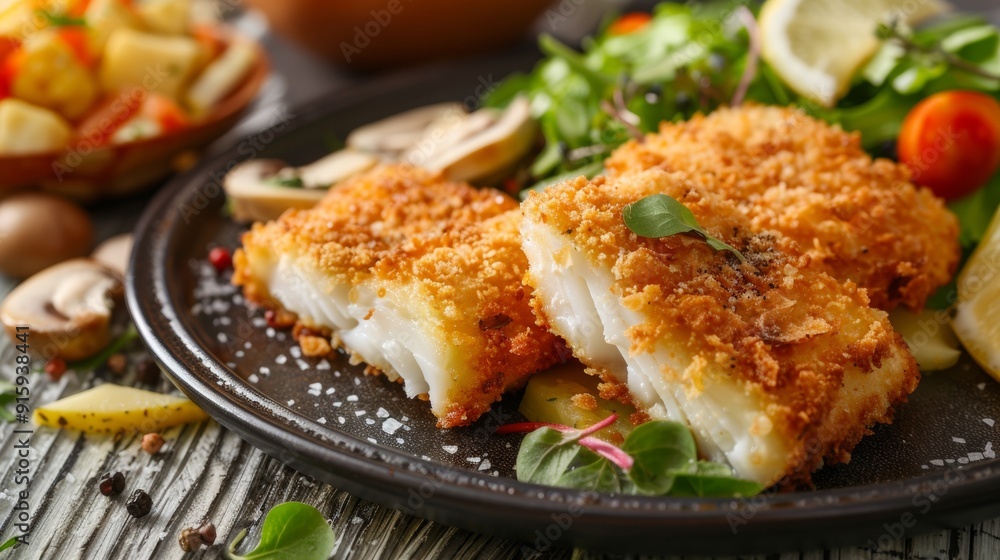 The national cuisine of Canada. Fried fish in shredded potato or rice chips. The national cuisine of Canada. Fried fish in shredded potato or rice chips.