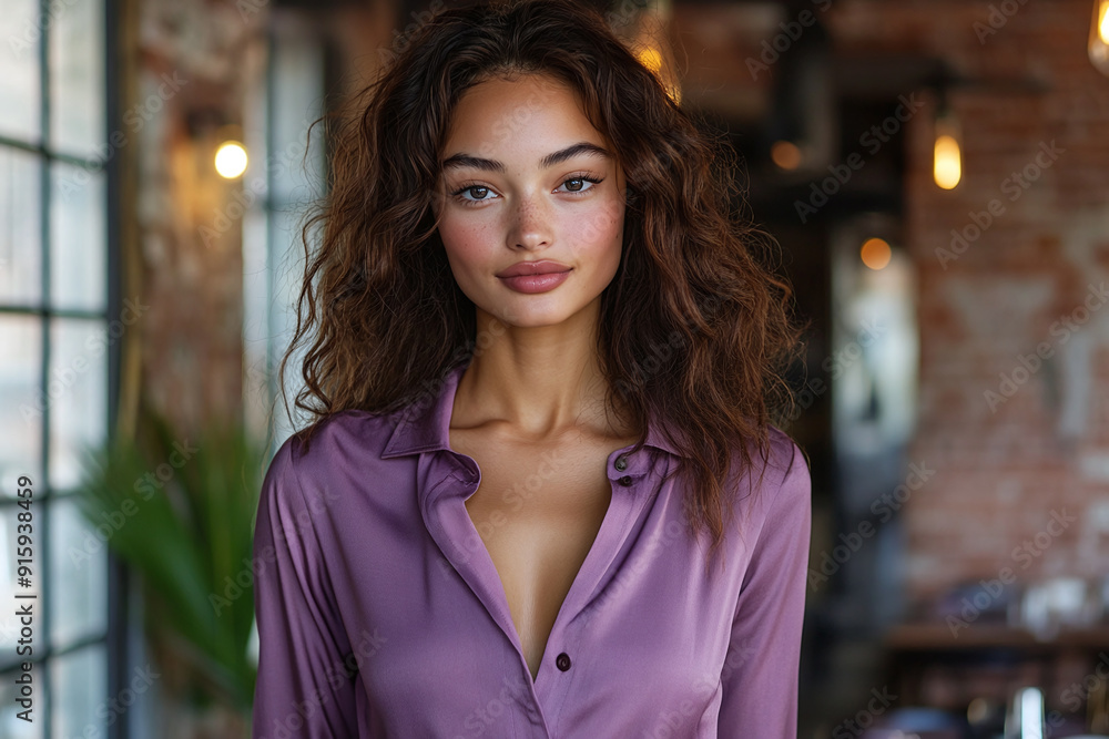 A model in a solid purple shirt, standing in a stylish urban café with exposed brick walls. A model in a solid purple shirt, standing in a stylish urban café with exposed brick walls.