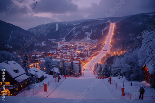 Dramatic Winter Landscape Showcases Ski Jumping Competition at Twilight in Majestic Snowy Mountains