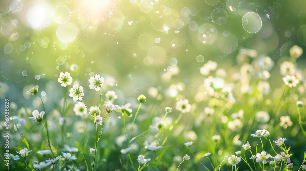 A field of white flowers with a blurred background and bokeh effect. A field of white flowers with a blurred background and bokeh effect.