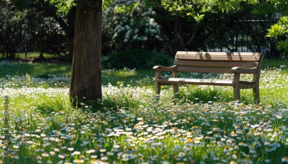 Peaceful park bench under a tree surrounded by blooming daisies in midday sunlight Peaceful park bench under a tree surrounded by blooming daisies in midday sunlight