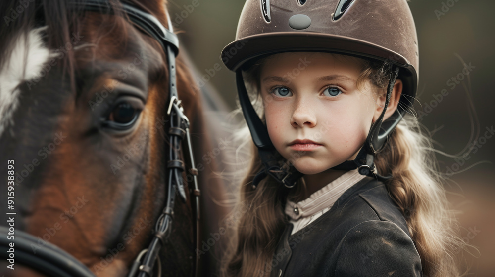 A young girl in a riding helmet standing next to a horse A young girl in a riding helmet standing next to a horse