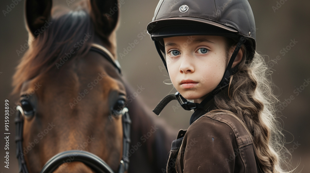 A young girl in a riding helmet standing next to a horse A young girl in a riding helmet standing next to a horse