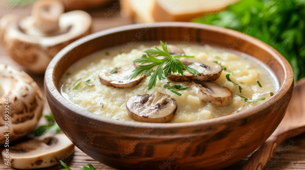The national cuisine of Canada. Mashed millet soup with mushrooms. The national cuisine of Canada. Mashed millet soup with mushrooms.