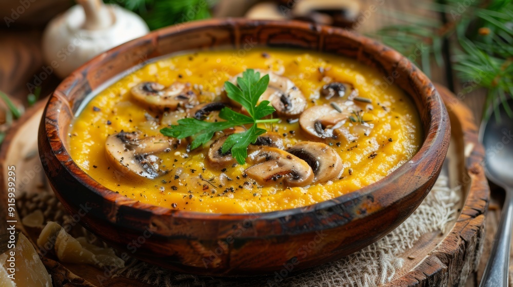 The national cuisine of Canada. Mashed millet soup with mushrooms. The national cuisine of Canada. Mashed millet soup with mushrooms.