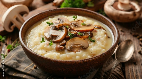 The national cuisine of Canada. Mashed millet soup with mushrooms.