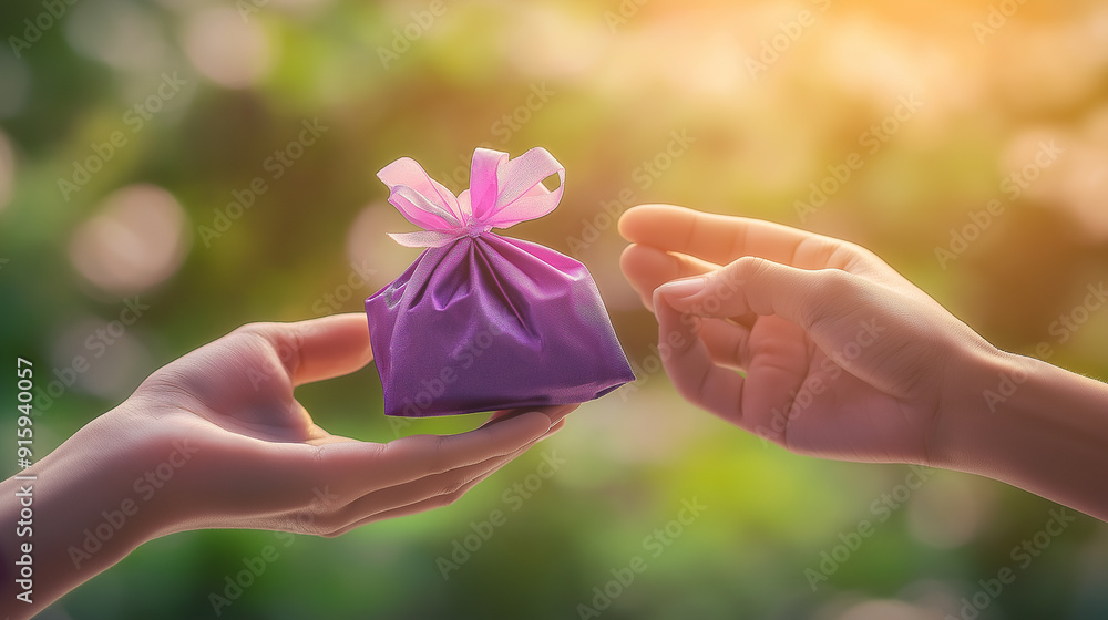 Handing Over Purple Gift or Donation Bag with Sunlight Background for Gift Giving and Kindness Photography Themes Handing Over Purple Gift or Donation Bag with Sunlight Background for Gift Giving and Kindness Photography Themes