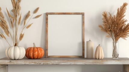 Autumn-themed wooden frame on a shelf with fall grasses, pumpkin, and white wall.