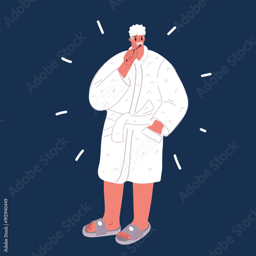 Cartoon vector illustration of man cleaning her teeth over dark background