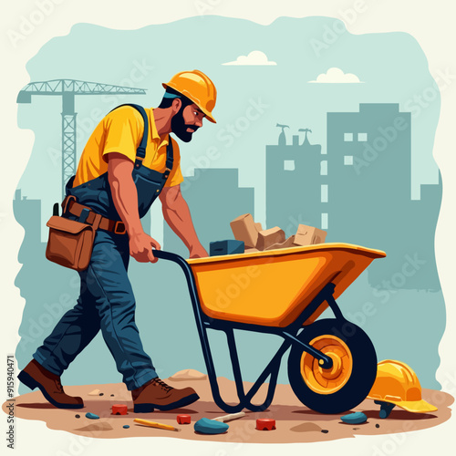 Construction Worker works at a construction site. Worker Pushing Wheelbarrow. Construction tools and materials. stock illustration