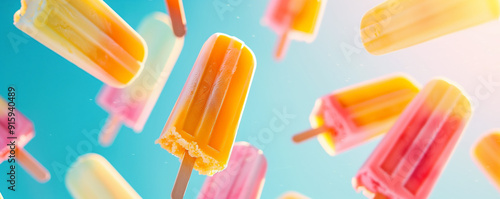 Brightly colored ice pops float against a sunny background, evoking a refreshing summer vibe and a sense of fun.