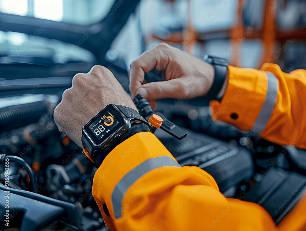 A man in an orange jacket is checking the time on his watch. The watch is black and has a digital display