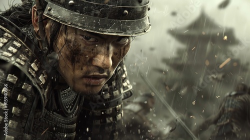 Historical depiction - japanese samurai portrait, essence of warrior's honor and discipline, featuring traditional armor and sword, cultural heritage and the spirit of bushido