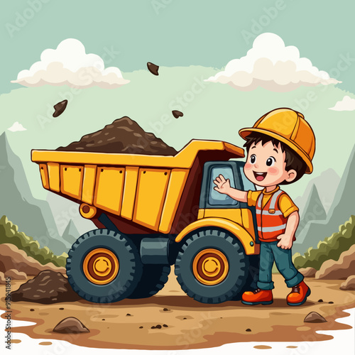 Vector illustration color children construction dump truck carrying dirt